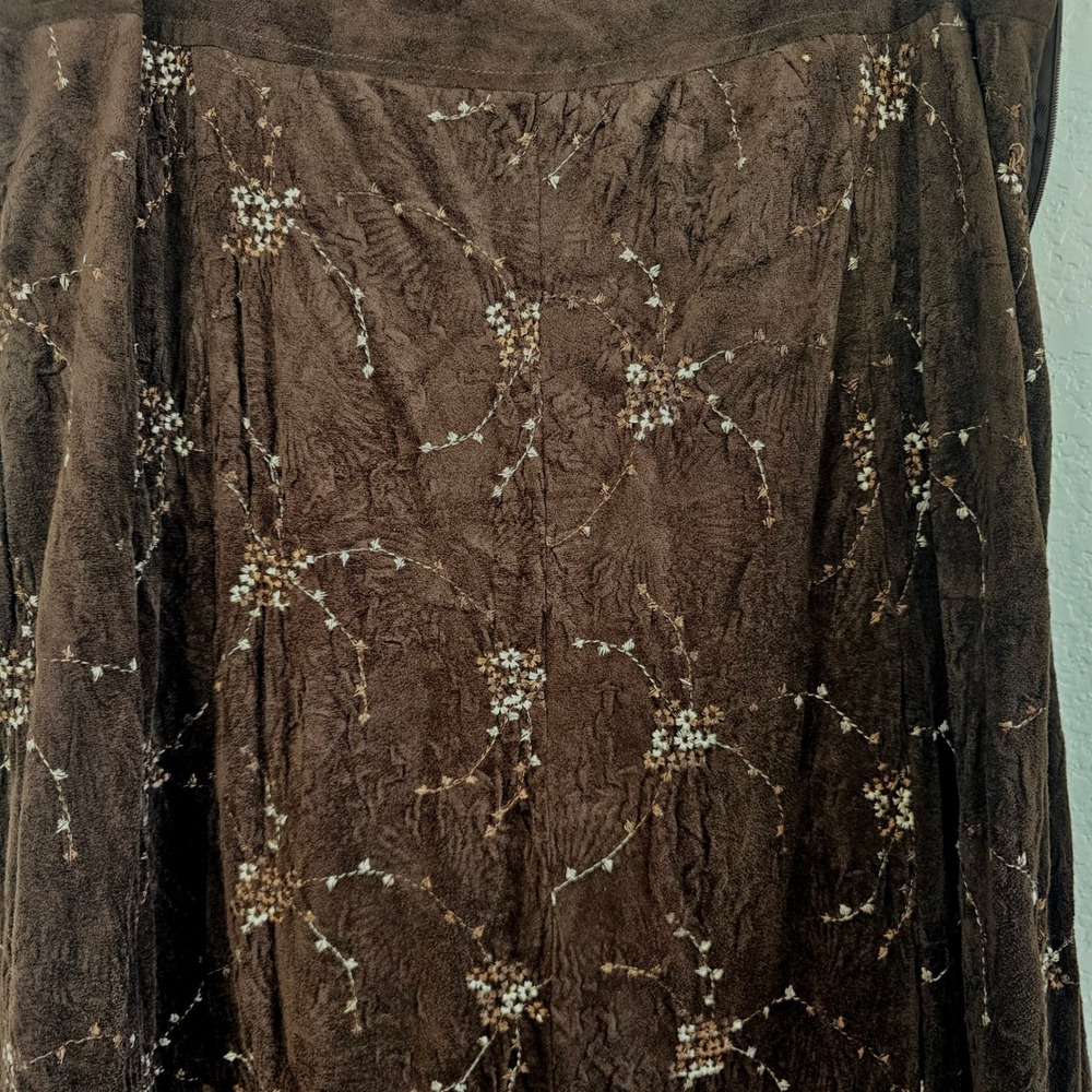 Vanny USA Brown Faux Suede Floral Embroidered Tiered Maxi Skirt Large Boho Retro - Picture 4 of 9